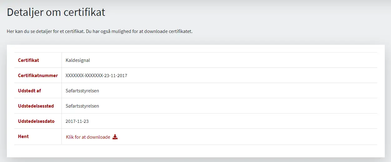 Figur 10: Detaljeret visning for certifikat på Skibsreder Selvbetjening